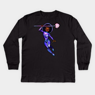 Black anime superhero girl from outer space with lights 3 ! beautiful  black girl with Afro hair, brown eyes, Cherry pink lips and dark brown skin. Hair love ! Kids Long Sleeve T-Shirt